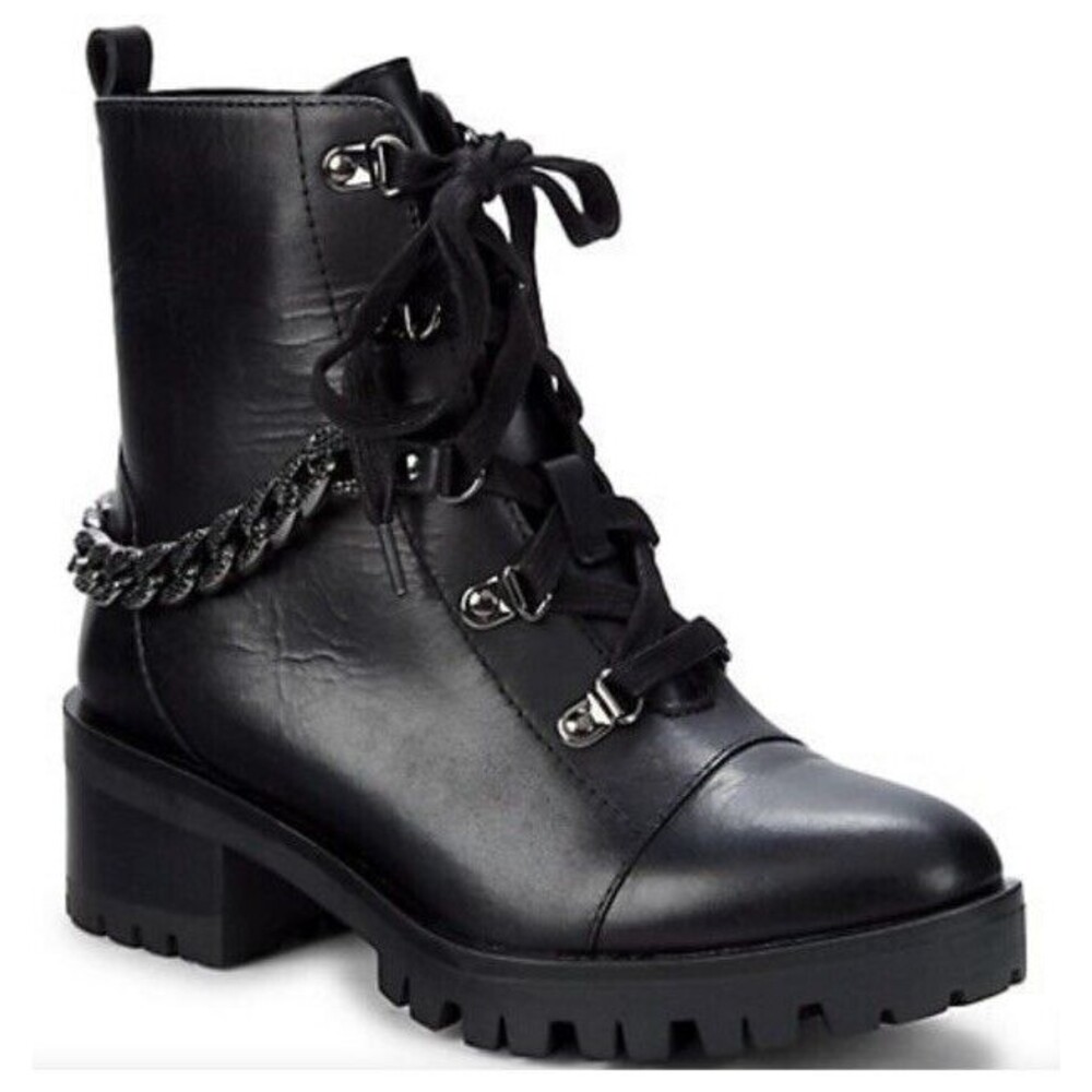 Karl Lagerfeld Patrice Chain Combat Boots Leather Synthetic 8.5 39 B Mid Heel